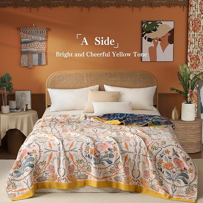 Boho Throw Blanket Twin Size, Soft Cozy Cotton Muslin Quilt Blanket for Bed Decor, Floral Patterned Couch Sofa Chair Cover, Vintage Farmhouse Cottage Tapestry Woven Blanket, Yellow&Blue