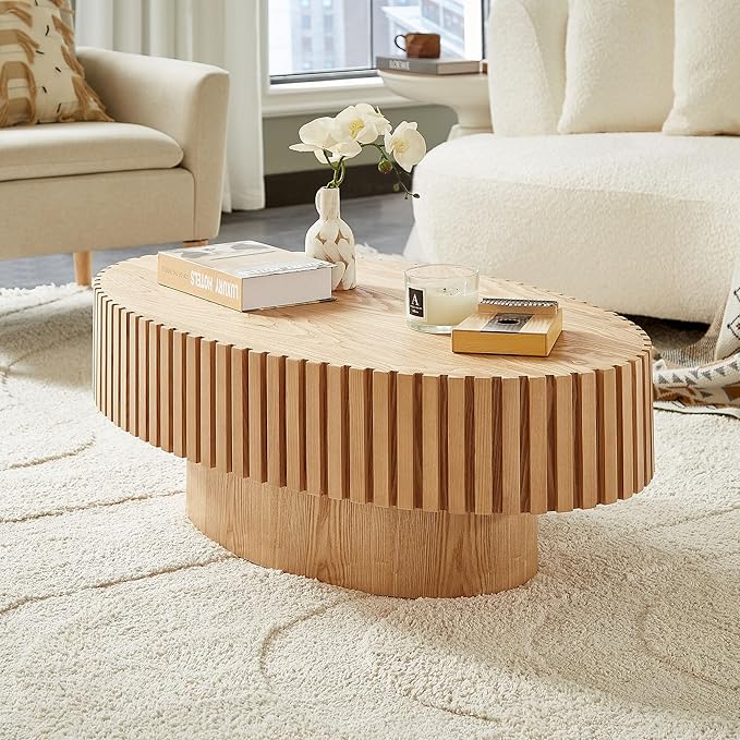 Oval Coffee Table for Living Room, Modern Fluted Coffee Tables with Pedestal Base, Handcrafted Centre Tea Tables Easy Assembly-43.7" Natural