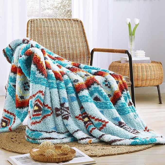 CASAAGUSTO Boho Sherpa Throw Blanket, Aztec Throw, Ultra Soft, Warm, Cozy, Plush, Thick Fleece Bohemian Throw Blanket for Couch, Bed, Sofa (Aqua 50 * 60 Inch)
