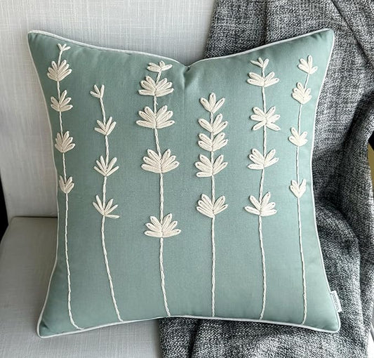 VAGMINE Hand Embroidered Daisy Accent Throw Pillow Cover - 18x18 Inches Square - 100% Cotton Light Teal Decorative Cushion Cover for Couch, Sofa, Bed - Textured Embroidery - Elegant Floral Home Décor