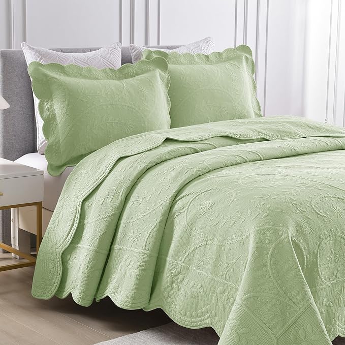 MarCielo 3-Piece 100% Cotton Oversized Bedspread Lightweight Quilt Coverlet Embroidery Farmhouse Bedding Set (TX Pale Green, Oversized Queen (100"x106"))