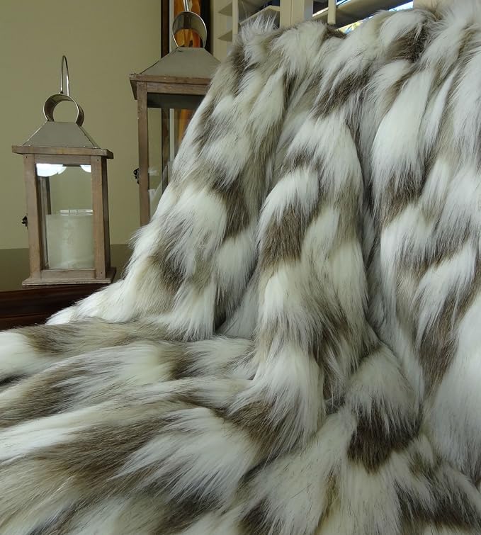 Ivory Beige Luxury Faux Fur Throw Blanket - Tibet Fox Fur - 80W x 110L Bedspread