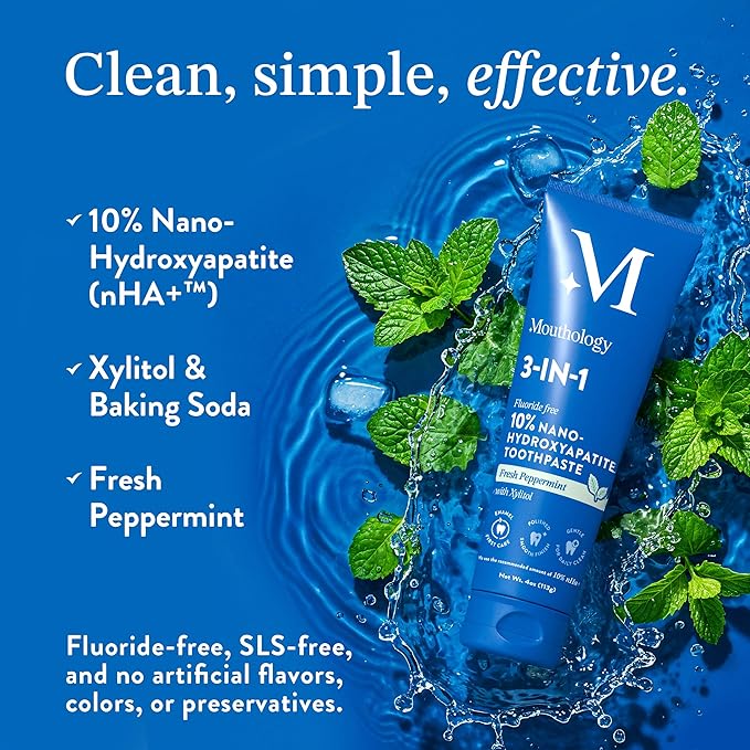 Mouthology 10% Nano Hydroxyapatite Toothpaste (Fluoride Free), Whitening*, Supports Enamel Care*, Appropriate for Sensitive Teeth*, SLS Free, Xylitol nHA Toothpaste for Adults, Mint 4oz (USA Made)
