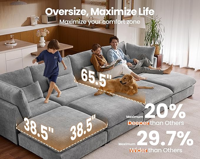 Oversized Modular Sofa, Extra Deep Cloud Chenille Sectional Couch with Ottoman Chaise, Fluffy Chenille Corner V Shape Sofa for Living Room, Villa (Corner V Shape+Ottoman, Chenille Grey)