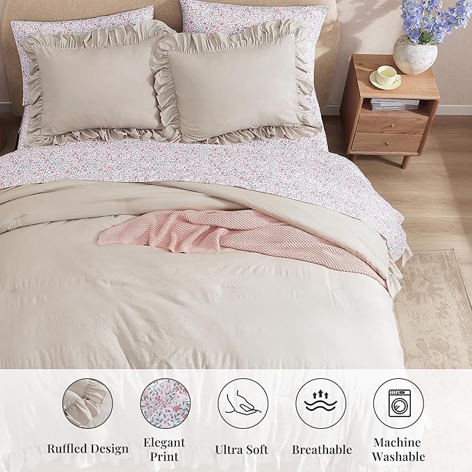 King Comforter Set - 7 Pieces Ruffle Beige Bedding Sets, Shabby Chic Farmhouse Bed in a Bag King with Ruffle Comforter, Floral Sheets, Pillowcases & Shams