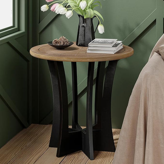 Farmhouse Round End Table with Criss-Cross Wood Legs, Rustic French Country Side Table for Dinning or Living Room, Modern, Black, Natural Wood, 23.62’’W*23.62’’D*23.22’’H