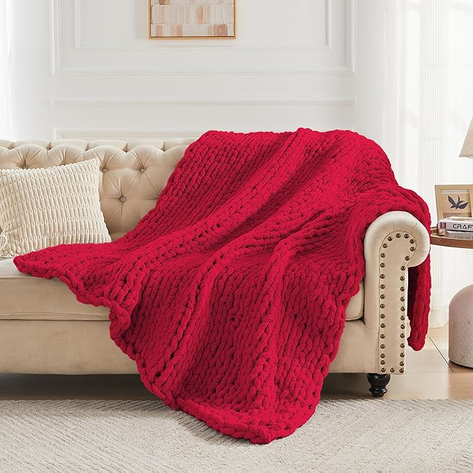 Carriediosa Chunky Knit Throw Blanket 50" X 60", 100% Hand Made Large Chenille Loop Yarn Soft Fluffy Throws for Couch Sofa Bed, Big Crochet Cozy Heavy Thick Cable Woven Blankets, Red