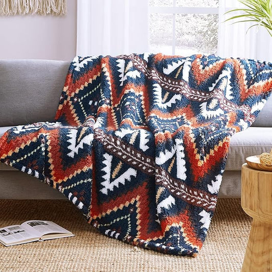 CASAAGUSTO Boho Sherpa Blanket, Aztec Twin Blanket, Ultra Soft, Warm, Cozy, Plush, Thick Fleece Western Blanket for Couch, Bed, Sofa (Navy Blue 60 * 80 Inch)