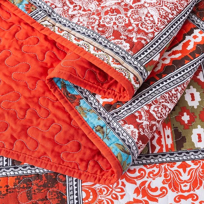 NEWLAKE Cotton Bedspread Quilt Sets-Reversible Patchwork Coverlet Set, Mediterranean Classic Bohemian Pattern,King Size