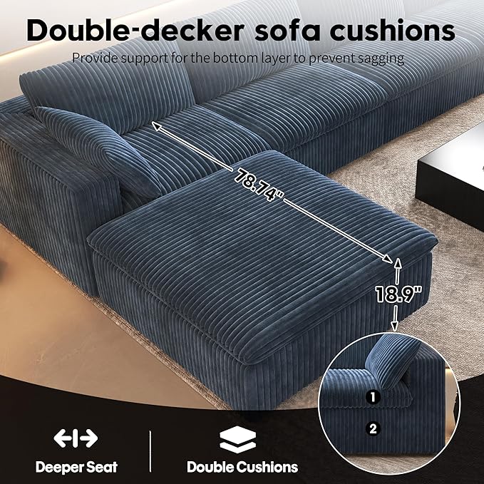 Oversized Modular Sectional Cloud Couch,157.5" U Shaped Modern Sofa with 2 Ottoman and 2 Middle Seats,Upholstered Couches with Corduroy Fabric for Living Room Furniture,No Assembly Required,Blue