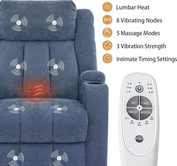 Power Lift Recliner Chair for Elderly with Massage and Heat, Recliner Chairs for Adults, Upgraded Fabric Reclining Sofa Chair with USB & Type-C Ports and Side Pockets, L1188 (Blue)
