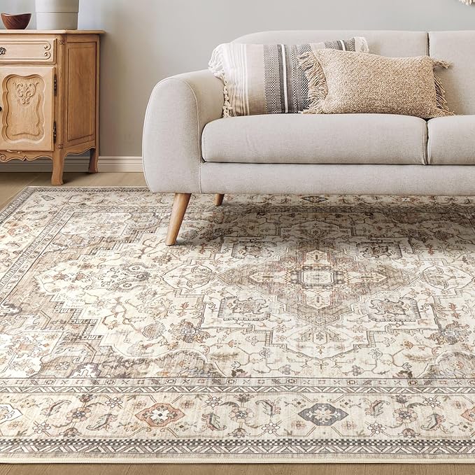 Washable Area Rugs for Living Room - 10x14 Neutral Vintage Distressed Floral Farmhouse Boho Large Soft Floor Rug Indoor Non Slip Carpet for Bedroom Dining Room Office - Brown/Multi