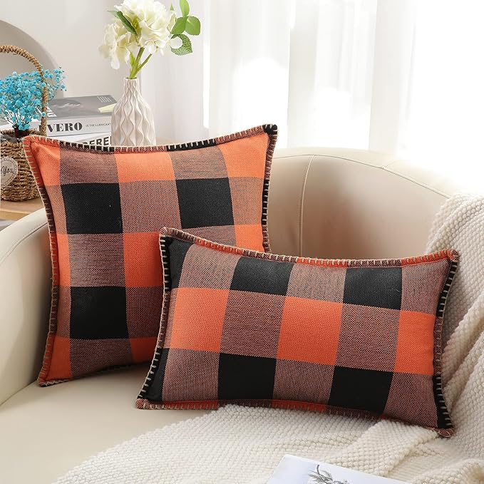decorUhome Fall Orange and Black Decorative Throw Pillow Covers 18x18 Set of 2, Buffalo Plaid Check Farmhouse Cushion Covers with Stitched Edge for Autumn Harvest Couch Sofa Bed Home Decor