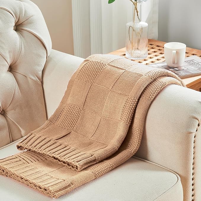 CozeCube Check Knit Throw Blanket, Beige Checkered Throw for Couch, Decorative Christmas Soft Cozy Warm Knitted Blanket for Bed Sofa Living Room, 60"X80"