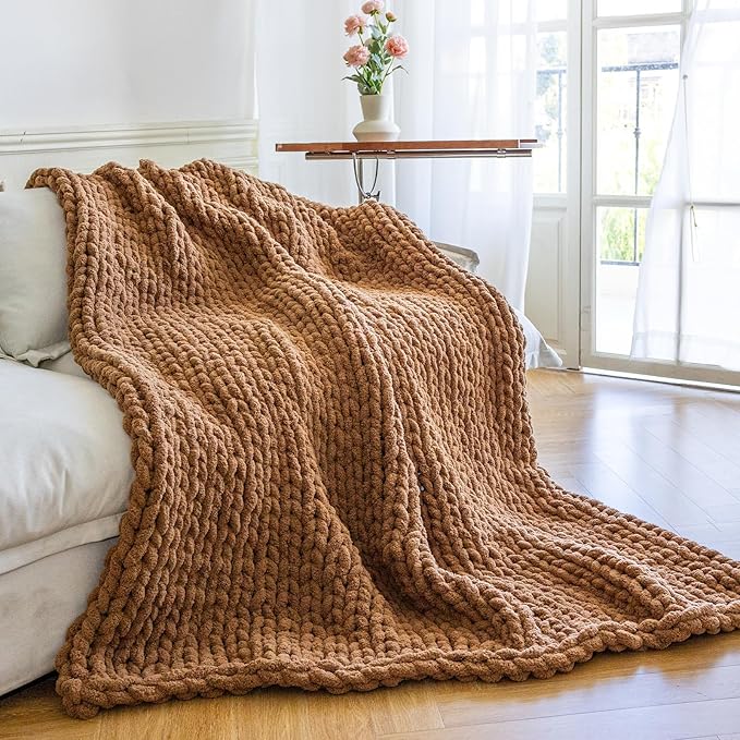 Chunky Knit Blanket - Luxury Soft Cozy 50 * 60 Throw Blanket,100% Woven Blanket Rope Knot Throw Blanket for Couch, Sofa, Home Decor, Gift - Machine Washable（Brown）