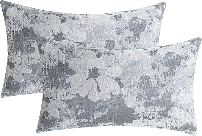 Jacquard Throw Pillow Covers 12x20 Inch Set of 2 - Vintage Floral Boho Pillow Cases with Botanical Pattern | Farmhouse Decor for Couch Living Room | Soft Textured Neutral Trio Slate Gray 12" x 20"