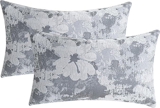 Jacquard Throw Pillow Covers 12x20 Inch Set of 2 - Vintage Floral Boho Pillow Cases with Botanical Pattern | Farmhouse Decor for Couch Living Room | Soft Textured Neutral Trio Slate Gray 12" x 20"