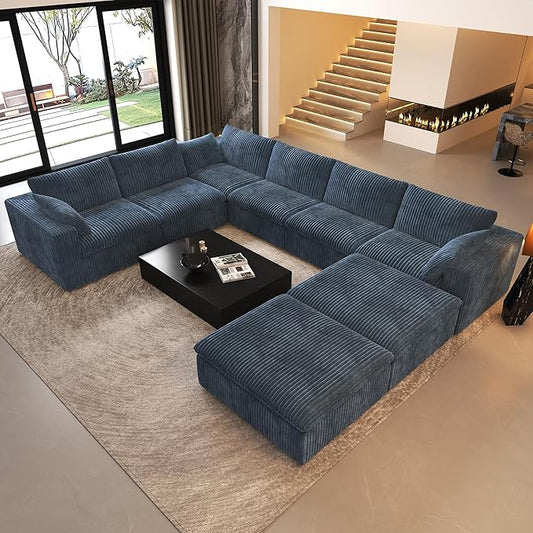 Oversized Modular Sectional Cloud Couch,157.5" U Shaped Modern Sofa with 2 Ottoman and 2 Middle Seats,Upholstered Couches with Corduroy Fabric for Living Room Furniture,No Assembly Required,Blue