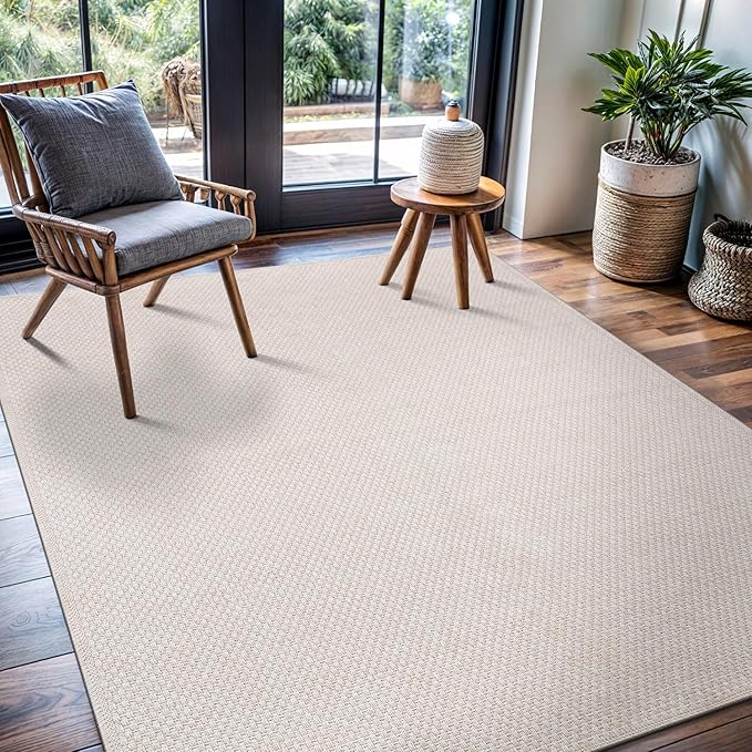 CAMILSON Easy Jute Rug 8x10, Indoor Outdoor Off-White Farmhouse Area Rugs for Living Room Patio and Kitchen Rug, Solid Woven Design, Easy-Cleaning, Non Slip Washable Outside Carpet Alfombras (8 x 10)