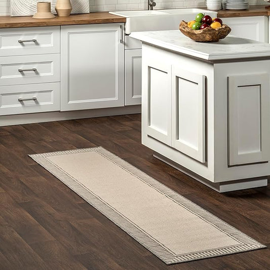 nuLOOM 2' x 8' Outdoor Area Rug, Casual Design with Striped Border, Stain Resistant, Highly Durable, for Patio, Balcony, Bedroom, Living Room, Dining Room, Bathroom, Light Grey