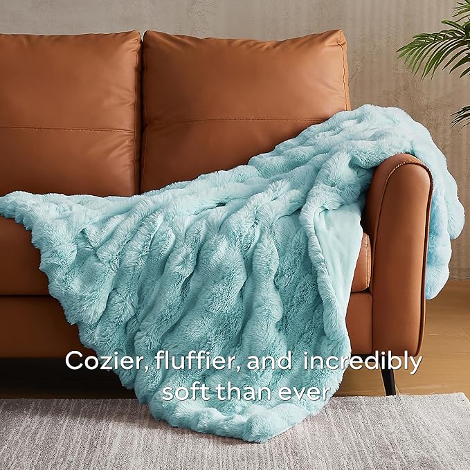 JELLYMONI Faux Fur Throw Blanket, Blue Fuzzy Cozy Plush Bubble Bed Throw, Thick and Warm (50" X 60")