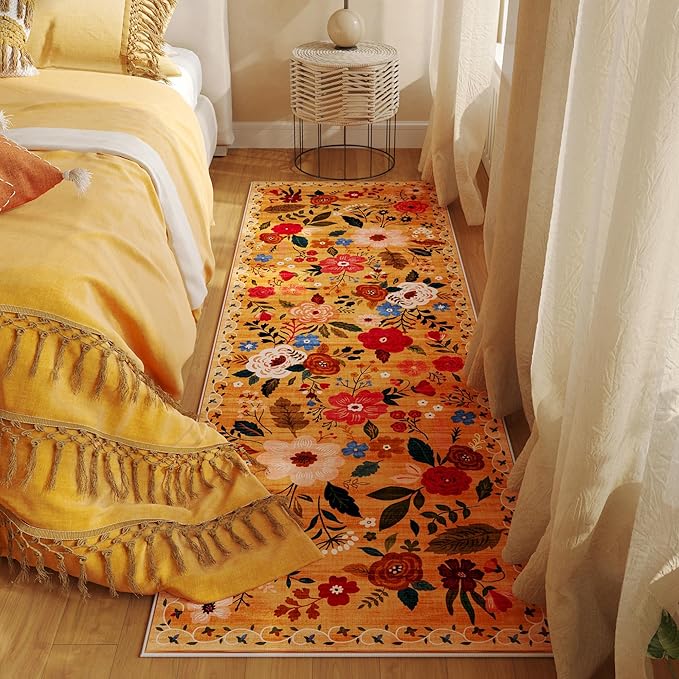 Runner Rug for Kitchen Rug Non Slip 2'x 6' Washable Rugs with Rubber Backing Soft Floral Carpet Runner for Hallways, Kitchen, Laundry, Bedroom, Bathroom(Yellow)