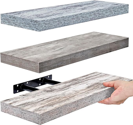 Sorbus Floating Shelves - 3 Pack 16 Inch Rustic Grey Blue Rustic Wall Shelves for Bedroom, Kitchen, Living Room, Bathroom Shelves, Home Decor, Office - Floating Shelf for Trophies, Frames