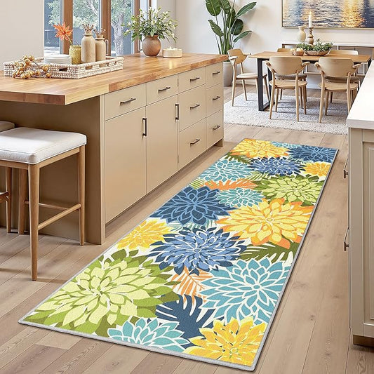 Area Rug 2x6 Yellow Green Washable Entry Rug Multicolored Tropical Botanical Modern Floral Indoor Kitchen Door Mat Entrance Carpet Non Slip for Bedroom Living Room, Porch