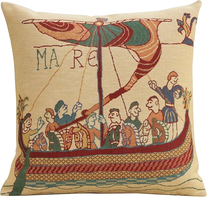 Charlotte Home Furnishings Bayeux Mare Throw Pillow Cover 16" x 16" – Medieval Ship Decorative Tapestry Cushion Case for Sofa, Couch, & Bed | Cotton Jacquard Woven in Europe | Insert Not Included