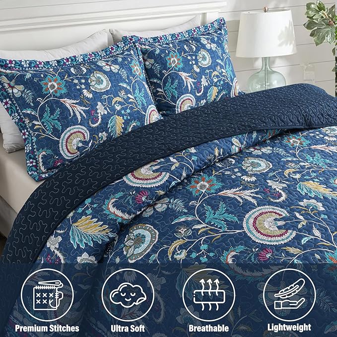 NEWLAKE Quilt Set King Size, Bedspread Sets Blue Botanical Floral Patterns, Reversible Quilt Bedding Set Lightweight and Breathable for All Seasons, Soft Quilted Bedspread with 2 Pillow Shams