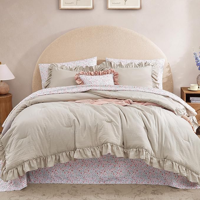 Queen Comforter Set - 7 Pieces Ruffle Beige Bedding Sets, Shabby Chic Farmhouse Bed in a Bag Queen with Ruffle Comforter, Floral Sheets, Pillowcases & Shams