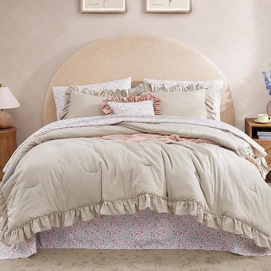 Queen Comforter Set - 7 Pieces Ruffle Beige Bedding Sets, Shabby Chic Farmhouse Bed in a Bag Queen with Ruffle Comforter, Floral Sheets, Pillowcases & Shams