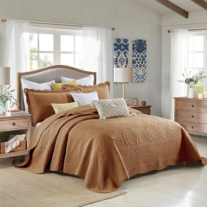 MarCielo 3-Piece 100% Cotton Oversized Bedspread Lightweight Quilt Coverlet Embroidery Farmhouse Bedding Set (Tf Dusty Orange, Oversized Queen (100"x106"))