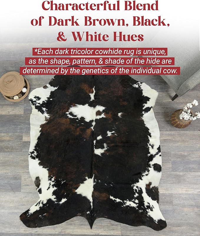 Natural Cowhide Rug for Home & Office Premium Dark Tricolor Cowhide Rug with Unique Dark Brown, Black & White Patterns- Cow Hide Rugs Made with Tanned Leather - Cow Hide Rugs 6x6-7 ft
