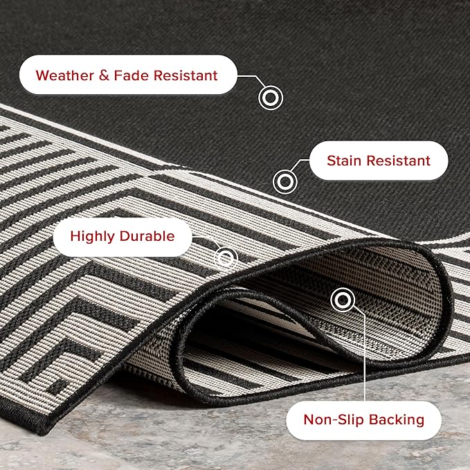 nuLOOM 9'6" x 12' Outdoor Area Rug, Casual Design With Striped Border, Stain Resistant, Highly Durable, For Patio, Balcony, Bedroom, Living Room, Dining Room, Bathroom, Black
