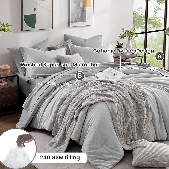 Monbix Full Size Comforter Set, Grey Bedding Comforter for Full Size Bed Set Reversible, Bedding Sets Full 7 Pieces, Cationic Dyeing Bed in a Bag with Comforter, Sheets, Pillowcases & Shams