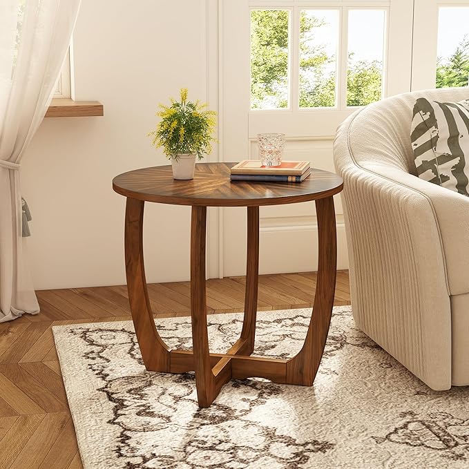 PADMA HOUSE Round Wood End Table with Curved Legs, Drum Circle Side Table with Snowflake Tabletop, Rounded Wooden Sofa Side Table, Brown Walnut Wood Tabletop & Legs 23.6" x 21.7"