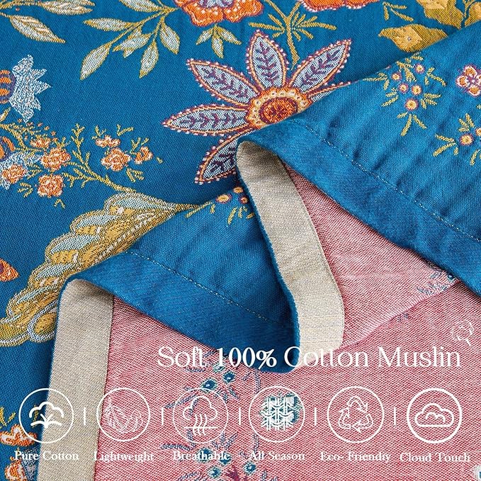 Fall Throw Blanket for Couch, Blue Boho Decorative Throw Blanket, 100% Cotton Muslin Breathable Woven Farmhouse Blankets Quilt, 60"x80" Reversible Lightweight Blankets Bohemian Throw Quilt