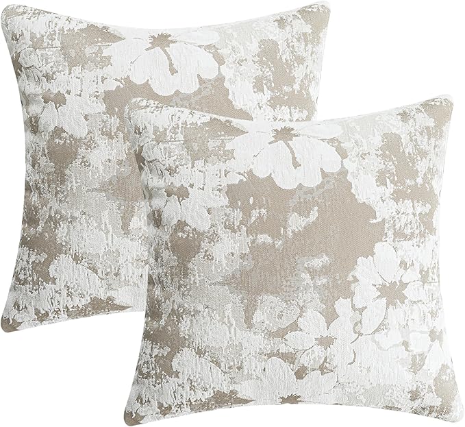 Jacquard Throw Pillow Covers 18x18 Inch Set of 2 - Vintage Floral Boho Pillow Cases with Botanical Pattern | Farmhouse Decor for Couch | Soft Textured Neutral Trio Light Khaki Warm Beige 18" x 18"