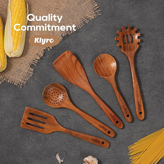 Teak Kitchen Utensils Set, 5 Piece Premium Wooden Cooking Utensils Set, Non-Stick Heat-Resistant Wooden Spoons for Cooking, New Apartment Essentials