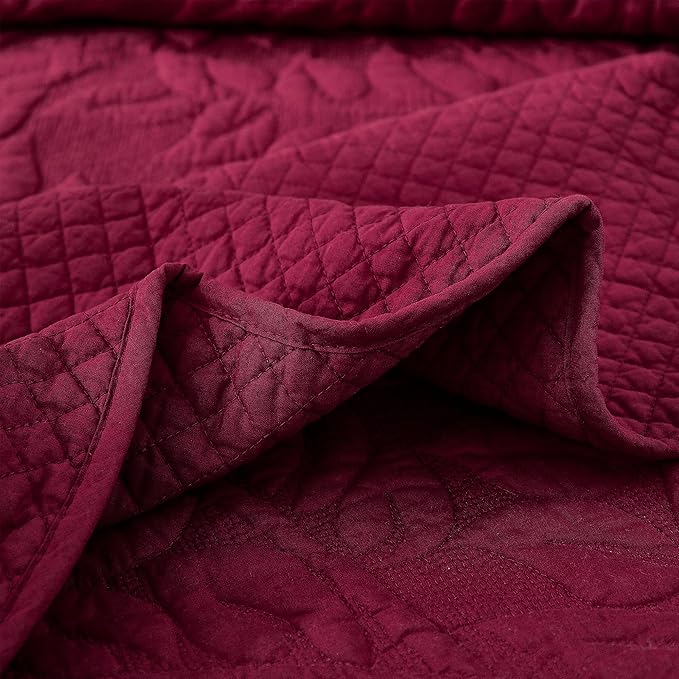 MarCielo 3-Piece 100% Cotton Oversized Bedspread Lightweight Quilt Coverlet Embroidery Farmhouse Bedding Set T0 (Wine Burgundy, Oversized Queen (100"x106"))