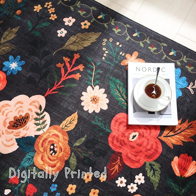 Living Room Rug 6x9 Rug Machine Washable Boho Area Rug Non Slip Floral Vintage Low Pile Large Rug for Living Room, Bedroom, Farmhouse, Dining Room, Kids Playroom(Black)