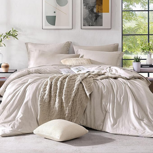 Monbix California King Comforter Set - 7 Pieces Cationic Dyeing Oatmeal Bed in a Bag Cal King Bed Sets with Comforter, Sheets, Pillowcases & Shams, Reversible Bedding Comforters Sets (108 * 92)