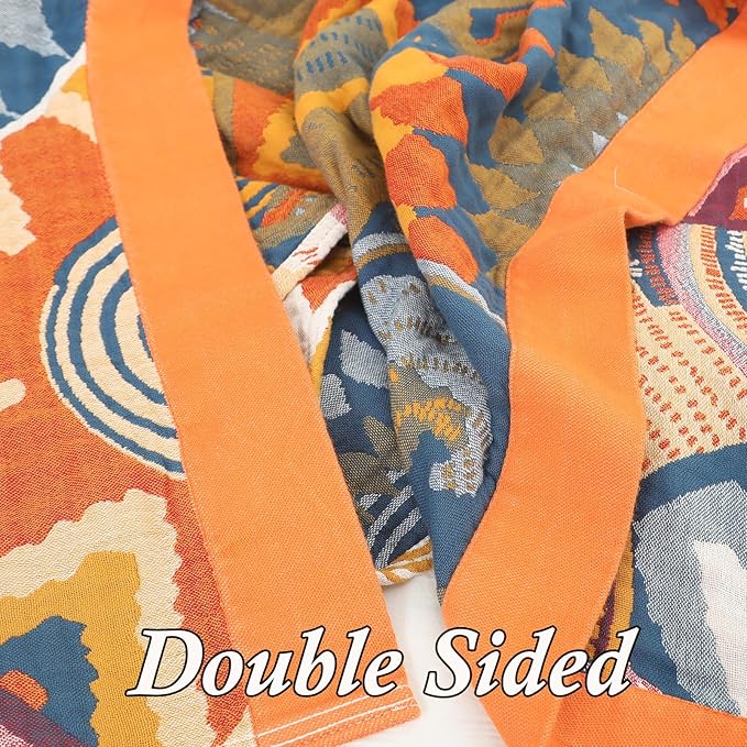 Snycler Boho Throw Blanket for Bed - 100% Cotton Ultra Soft Rustic Quilt Fall Blanket - Orange Floral Printed Farmhouse Decor Bed Blankets, 60"×80" All Season Rustic Throw for Sofa Couch Chair