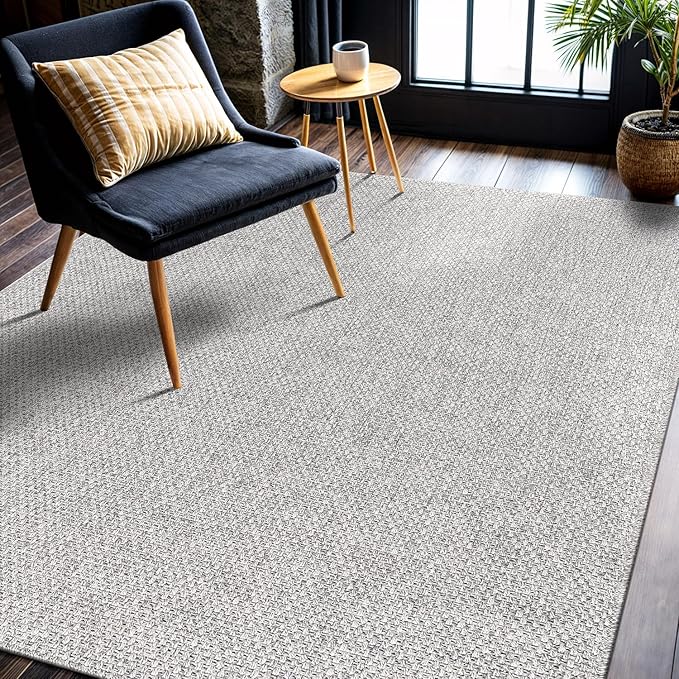 CAMILSON Easy Jute Rug 8x10, Indoor Outdoor Grey Color Area Rugs for Living Room Farmhouse Patio and Kitchen Rug, Solid Boho Woven Design, Easy-Cleaning, Washable Outside Carpet Alfombras (8 x 10)