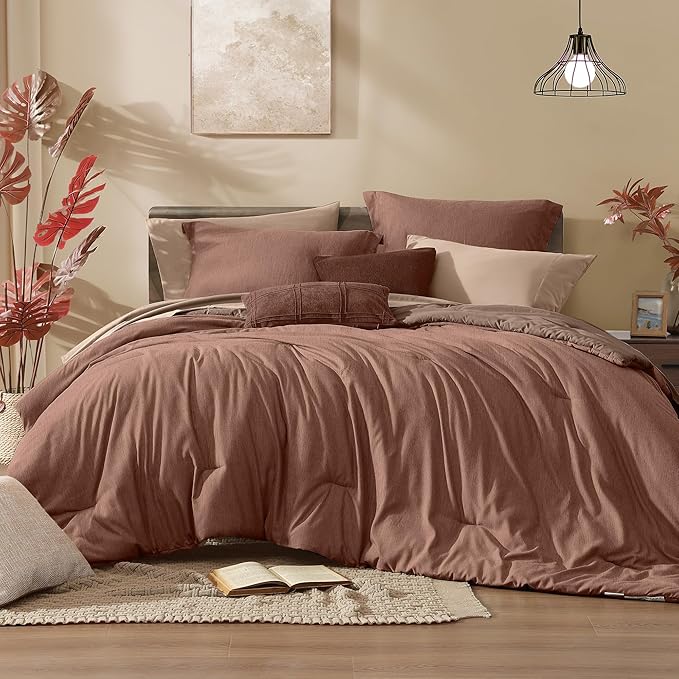 Monbix Full Size Comforter Set, Terracotta Bedding Comforter for Full Size Bed Set Reversible, Bedding Sets Full 7 Pieces, Cationic Dyeing Bed in a Bag with Comforter, Sheets, Pillowcases & Shams
