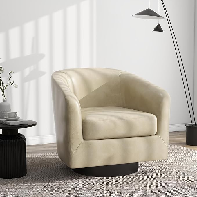 Swivel Barrel Accent Chair, Modern Round Faux Leather Arm Chair for Living Room, Bedroom, Comfy Club Reading Chairs for Adults(Faux Leather, Cream, Set of 4)