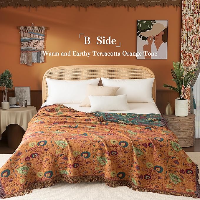 Boho Throw Blanket Queen Size, Oversized Soft Cozy Cotton Muslin Quilt Blanket for Bed Decor, Floral Patterned Couch Sofa Chair Cover, Vintage Farmhouse Cottage Woven Blanket, Green&Orange
