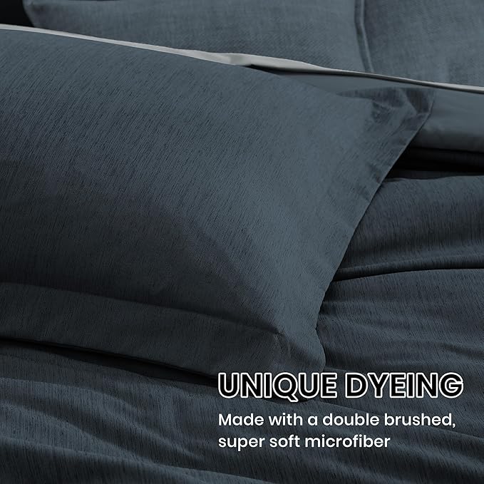 Monbix Queen Comforter Set - 7 Pieces Cationic Dyeing Navy Blue Bed in a Bag Queen Bedding Sets with Comforter, Sheets, Pillowcases & Shams, Reversible Bedding Comforters Sets