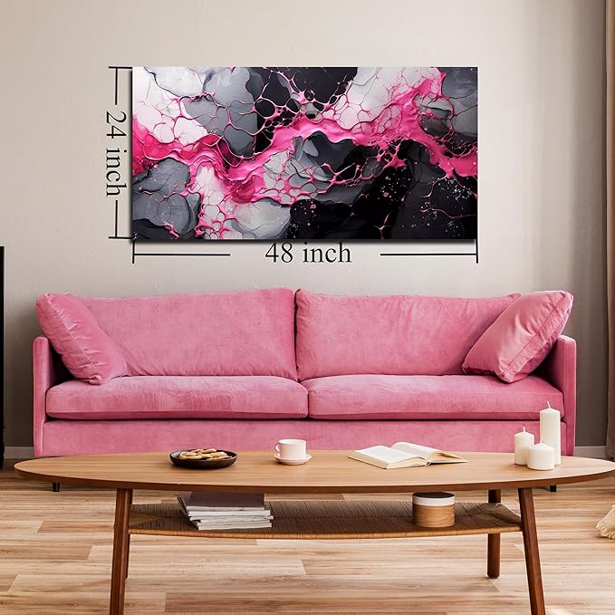 GUGIKA Abstract Wall Art for Living Room, Pink Canvas Wall Decor for Girls Bedroom Decor, Pigment Texture Print, Size 29x59 Inches